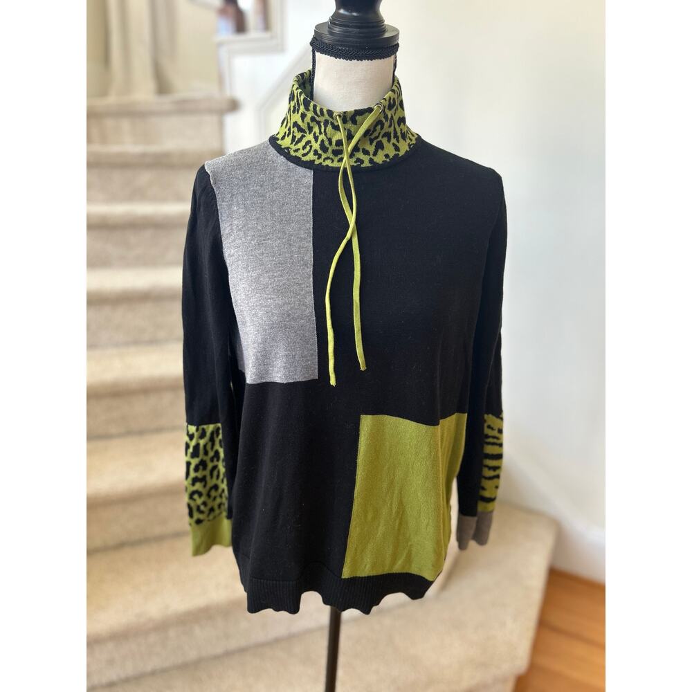 Edinburgh Knitwear Grey Black Lime Green Leopard Turtleneck Long Sleeve Sweater
